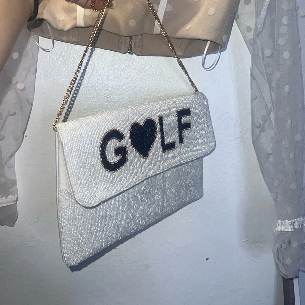 GOLF WIFEY New White & Blue Beaded Clutch Golfers Resort Country Club Vacation - Picture 7 of 16
